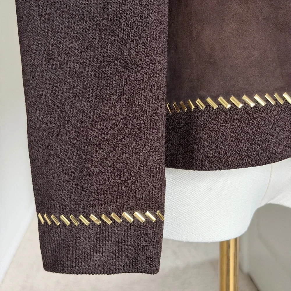 ✨St. John Collection Brown Suede Knit Jacket Gold Chain Trim Zipper Blazer - 10